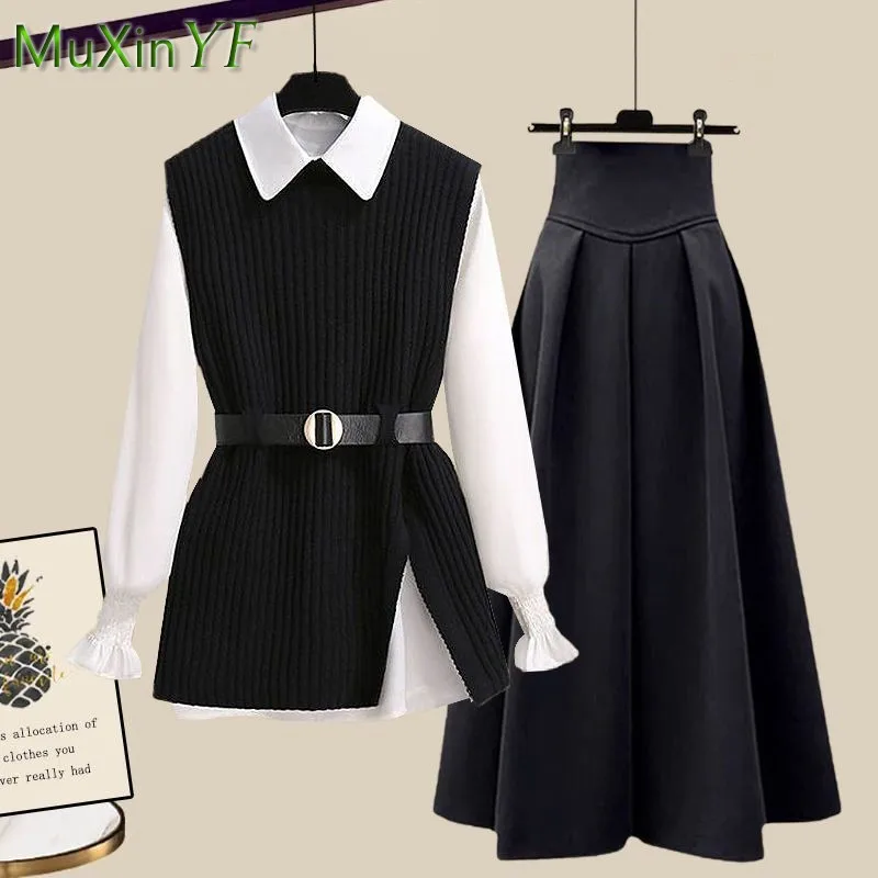 Women\'s 2024 Autumn Winter New Matching Set Korean Elegant Knit Vest+Shirt+High Waist Midi Skirt Three Piece Female Dress Suit