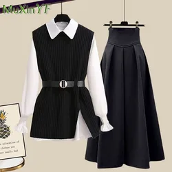 Women's 2024 Autumn Winter New Matching Set Korean Elegant Knit Vest+Shirt+High Waist Midi Skirt Three Piece Female Dress Suit