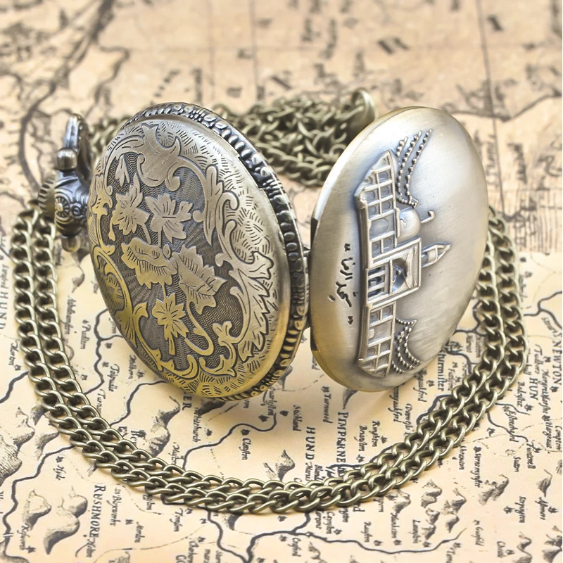 ヴィンテージブロンズスチームパンク機能建築彫刻クォーツ懐中時計ネックレスペンダント時計チェーン男性女性チェーンギフト