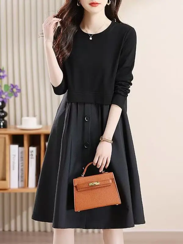 

Женское платье больших размеров в корейском стиле, с длинным рукавом, А-силуэта, средней длины, с эффектом похудения, в стиле пэчворк, для повседневной носки