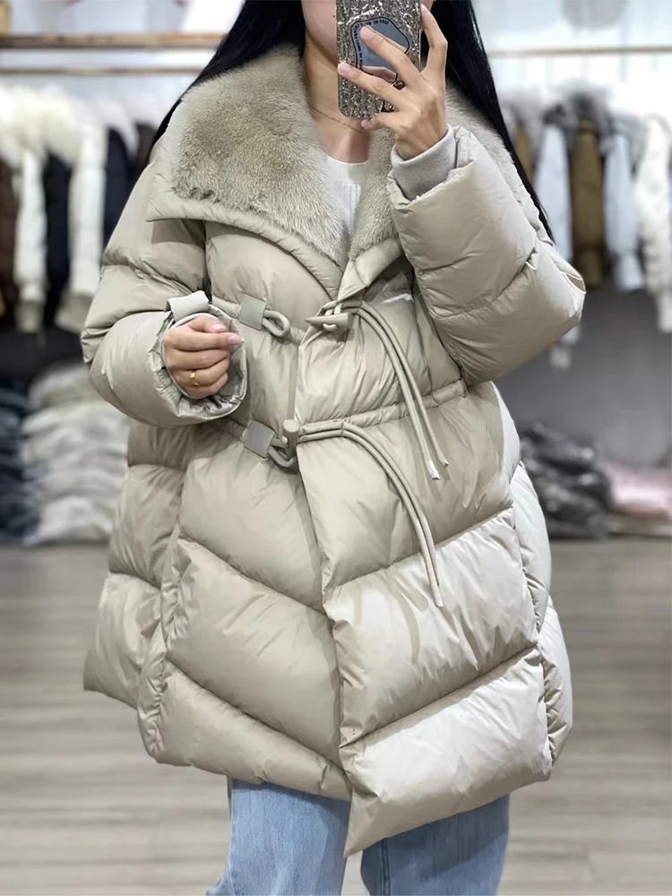 Casacos de ganso para mulheres, gola de pele de vison real natural, casaco grosso, outwear feminino, puffer jaquetas, inverno quente