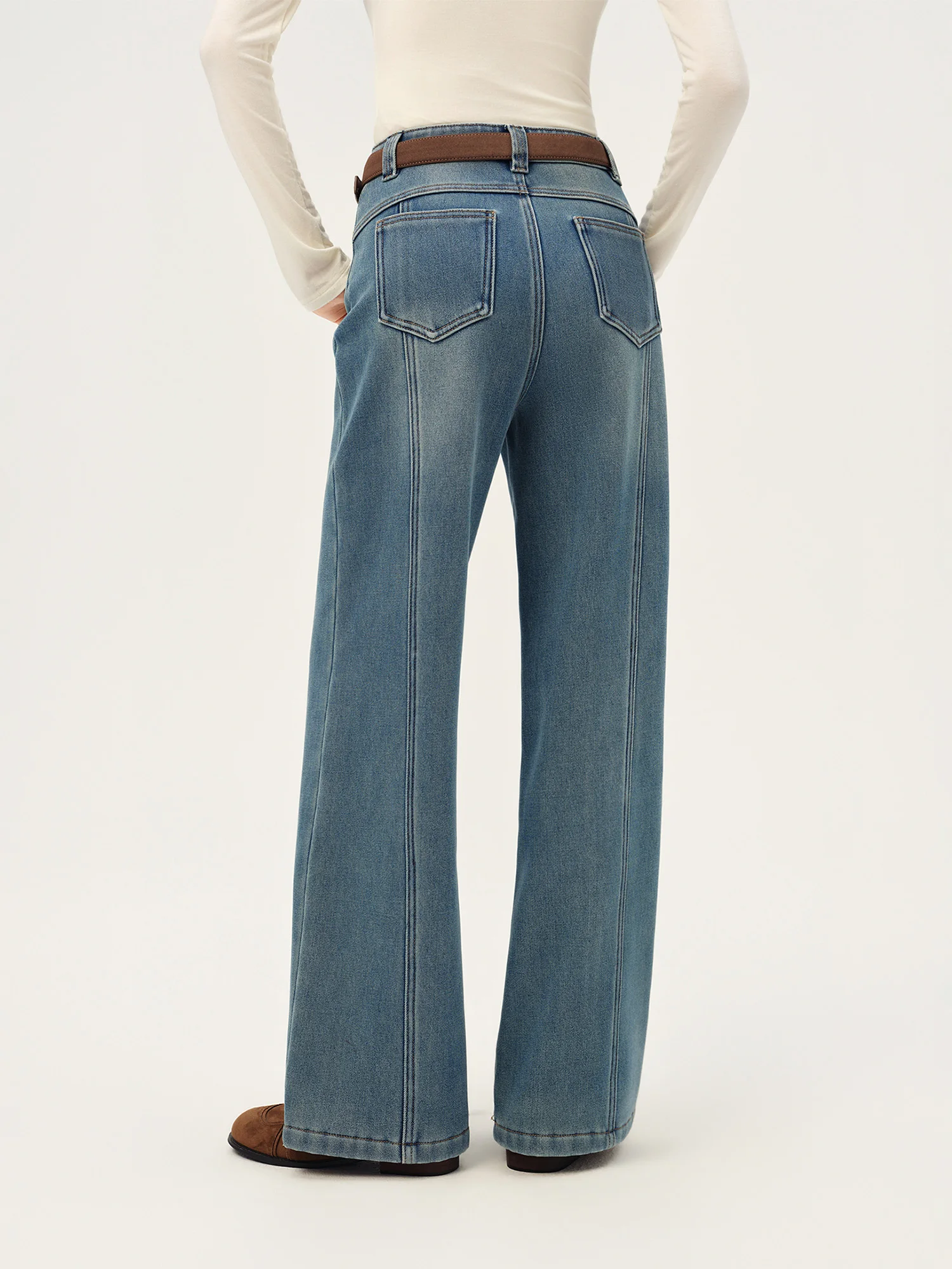 ZIQIAO Retro-style Distressed Patchwork Blue Straight-leg Fleece-lined Denim Jeans for Women New Winter Style 2026
