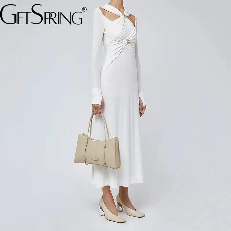 GetSpring Women Dress 2024 Autumn Off Shoulder Design Metal Buckle Knitted Long Dress Vintage Full Sleeve High Waist Slim Dress