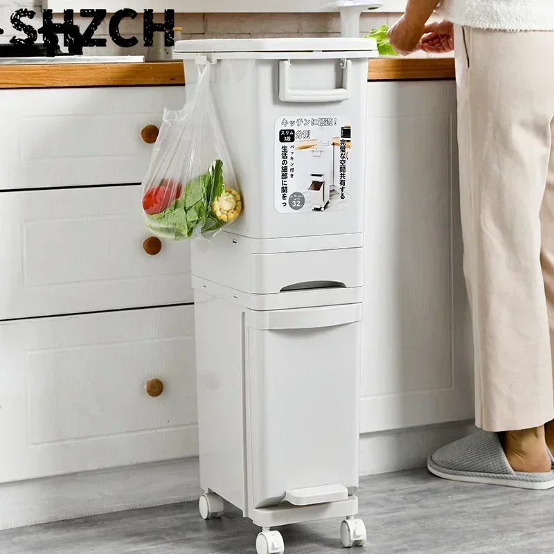 Simple Long Tube Rubbish Bin, Double Partition Trash Can, Mobile Pulley Garbage Basket, Dry and Wet Separation Kitchen Bin
