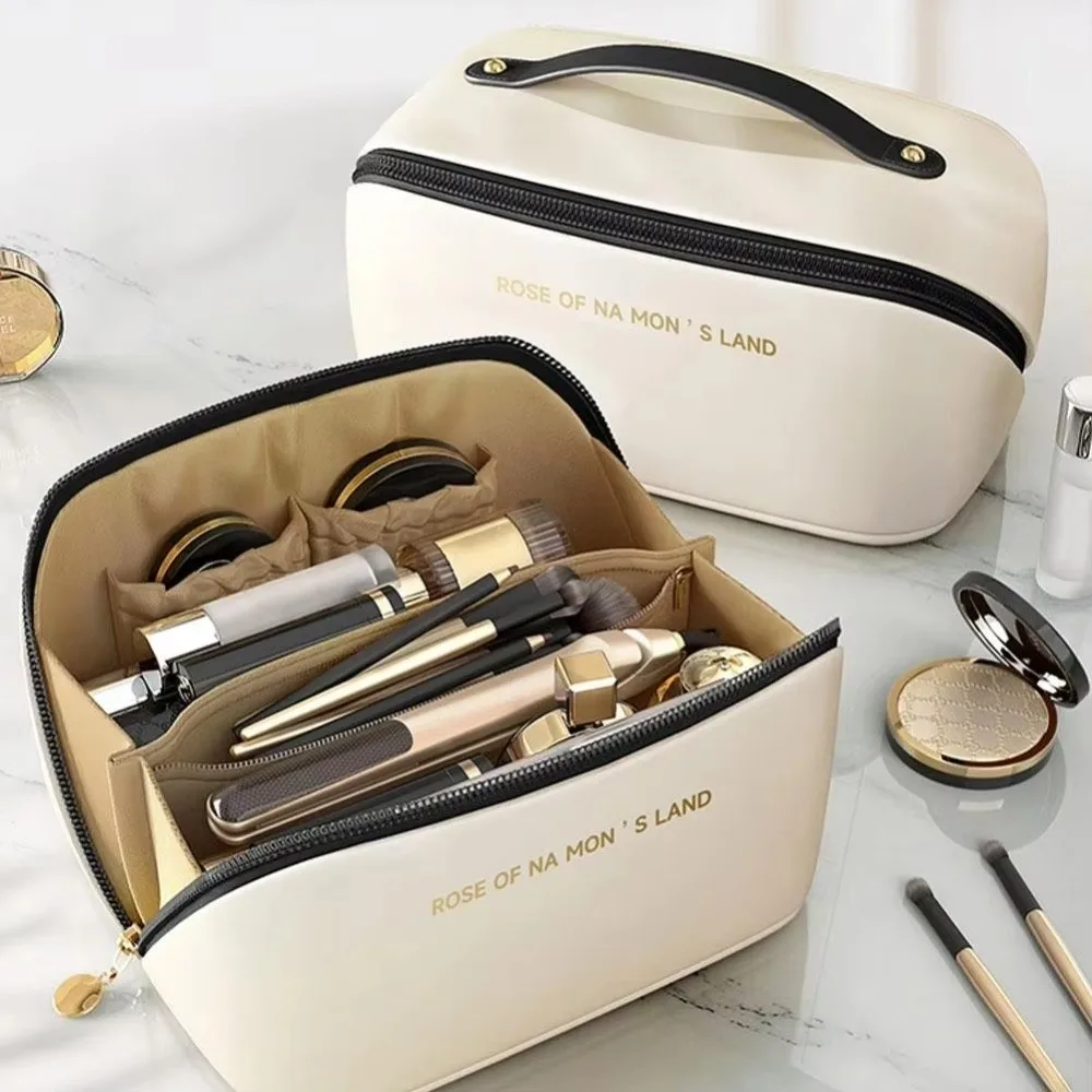 NEW Portable Tote Makeup Bag Pillow Large Capacity Cosmetic Bag Multi-compartment PU Toiletry Kit Bag