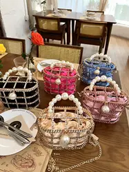 Luxury Gold Metal Cage Shiny Rhinestones Diamond Evening Bag Pearl Beaded Women Handbag Wedding Party Clutch Purse Crossbody Bag