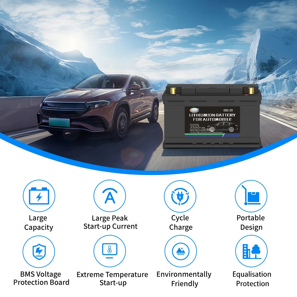 12V Car Battery 1600CCA 82Ah LiFePO4 Battery with BMS High Performance Sealed Truck SUV Starting Battery Maintenance Free 082-20