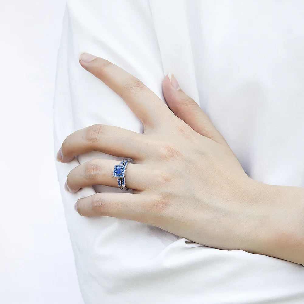 طقم خواتم من الفضة الإسترليني S925 مع ياقوت وألماس مربع، خواتم زوجين 2 في 1، هدية مثالية للمجوهرات #4