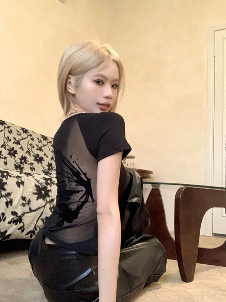 Black Sexy Short Sleeve Mesh T-Shirt Women's Slim Fit Back Transparent Tight  Top Commute Style Korean Version Summer