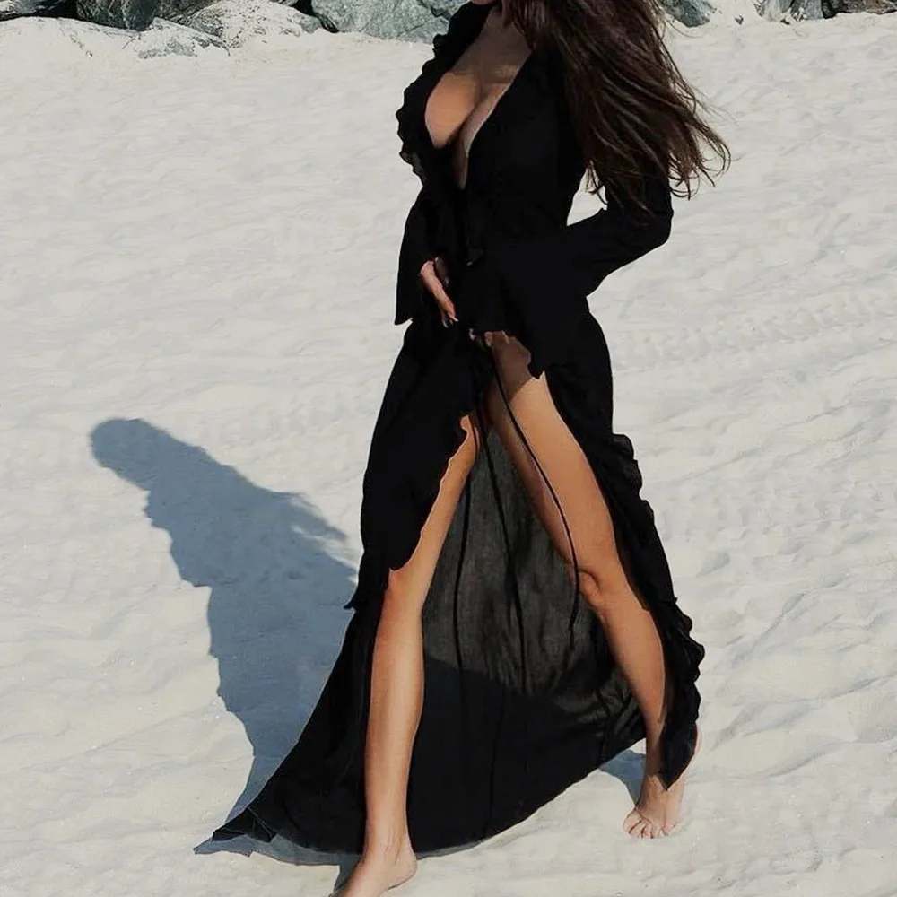 

Модное пляжное платье с V-образным вырезом, длинными рукавами, свободного кроя, для женщин, для пляжа, отдыха, как накидка поверх купальника, солнцезащитное.