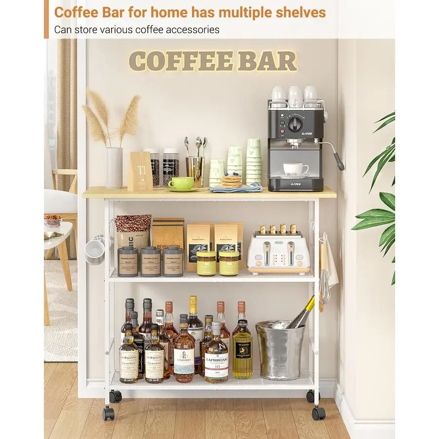 3段棚付きアイランド、6つのフックと保護棚付きの移動式キッチンカート、ロック可能な車輪付き電子レンジスタンド、ベーカーズラックC
