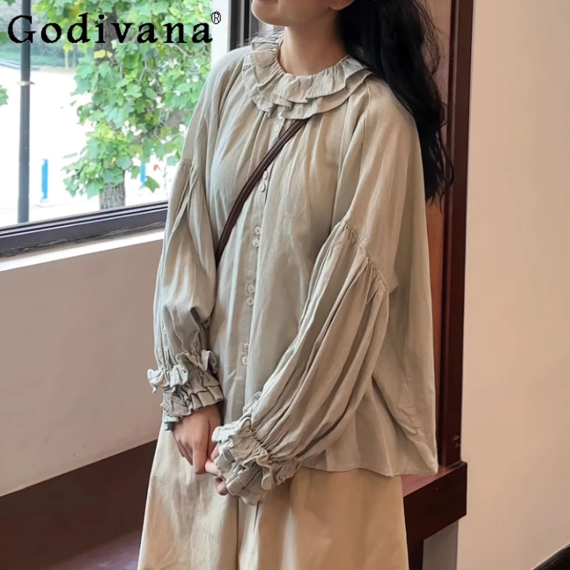 

Spring Retro Double Ruffles Long Lantern Sleeves Loose Solid Color Shirt Sweet Girl Age Reduction Peter Pan Collar Lolita Tops