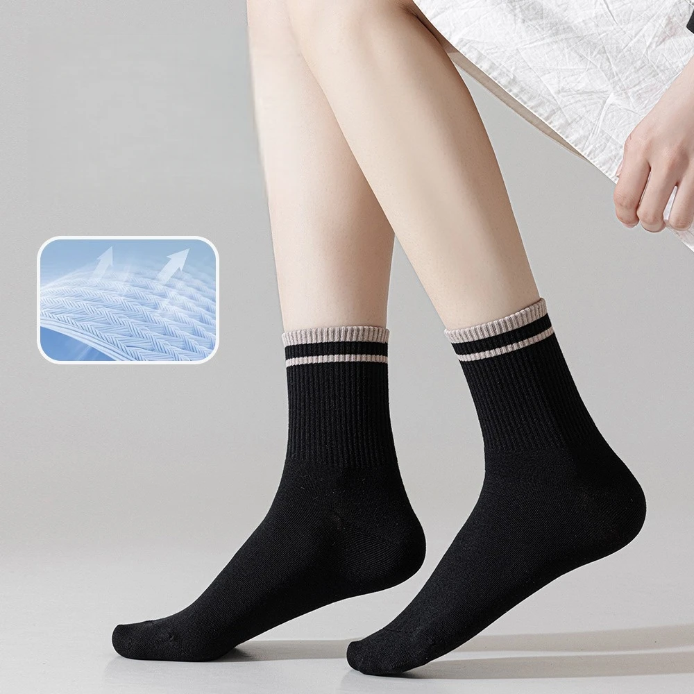 5 Pair Women's Striped Pure Cotton Casual Socks Boneless Seam-Free High Quality Sports Socks