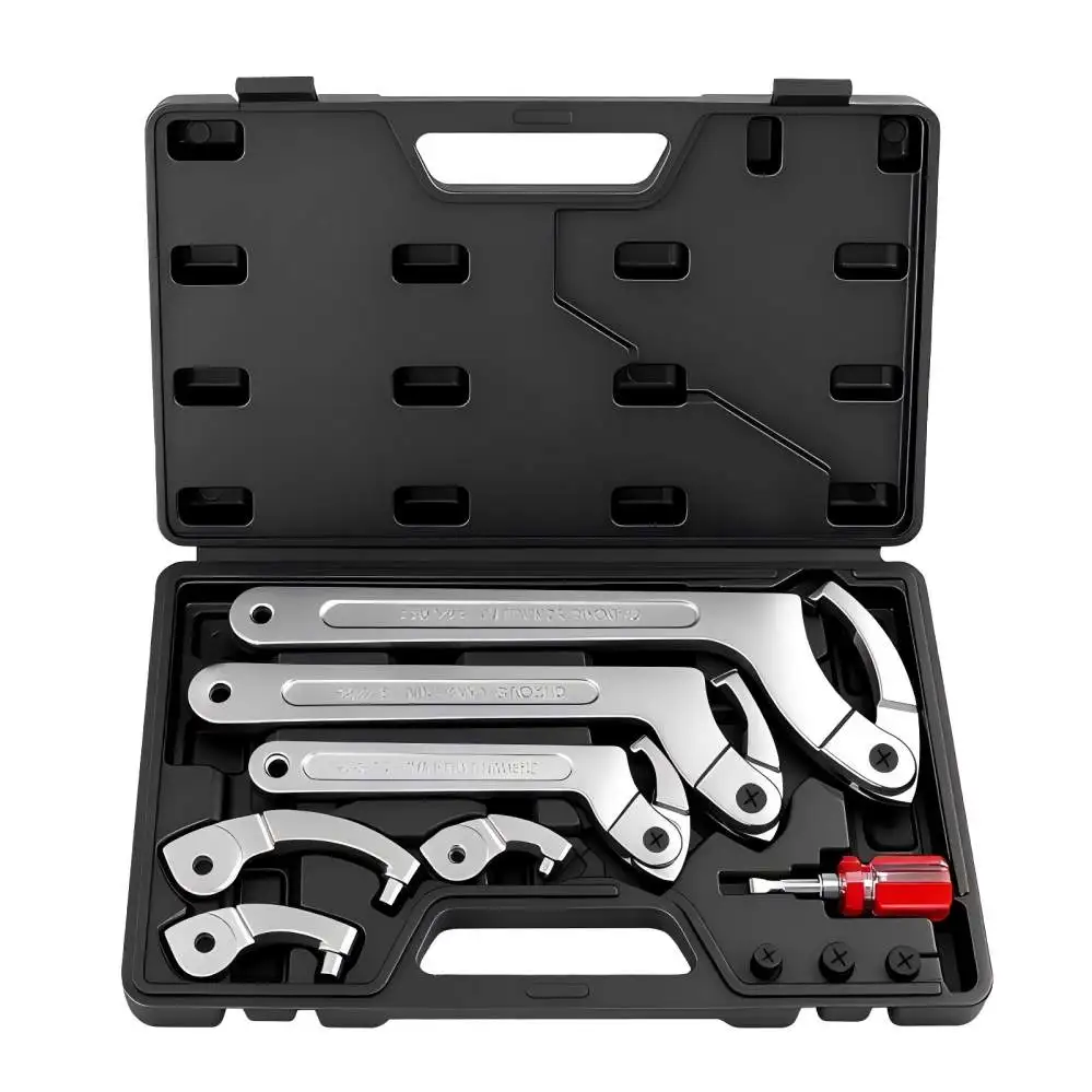 Assorted Adjustable C Shape Hook Spanner Wrench Kit Portable Storage Box Included for Hydraulic Lock Nut Mechanical Repair Work