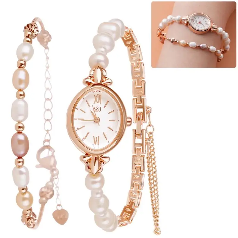 Pearl Watch And Bracelet Set Elegant Women\'S Watch Waterproof Quartz Watch For Ladies Rose Gold Watch With Natural Pearls Gift