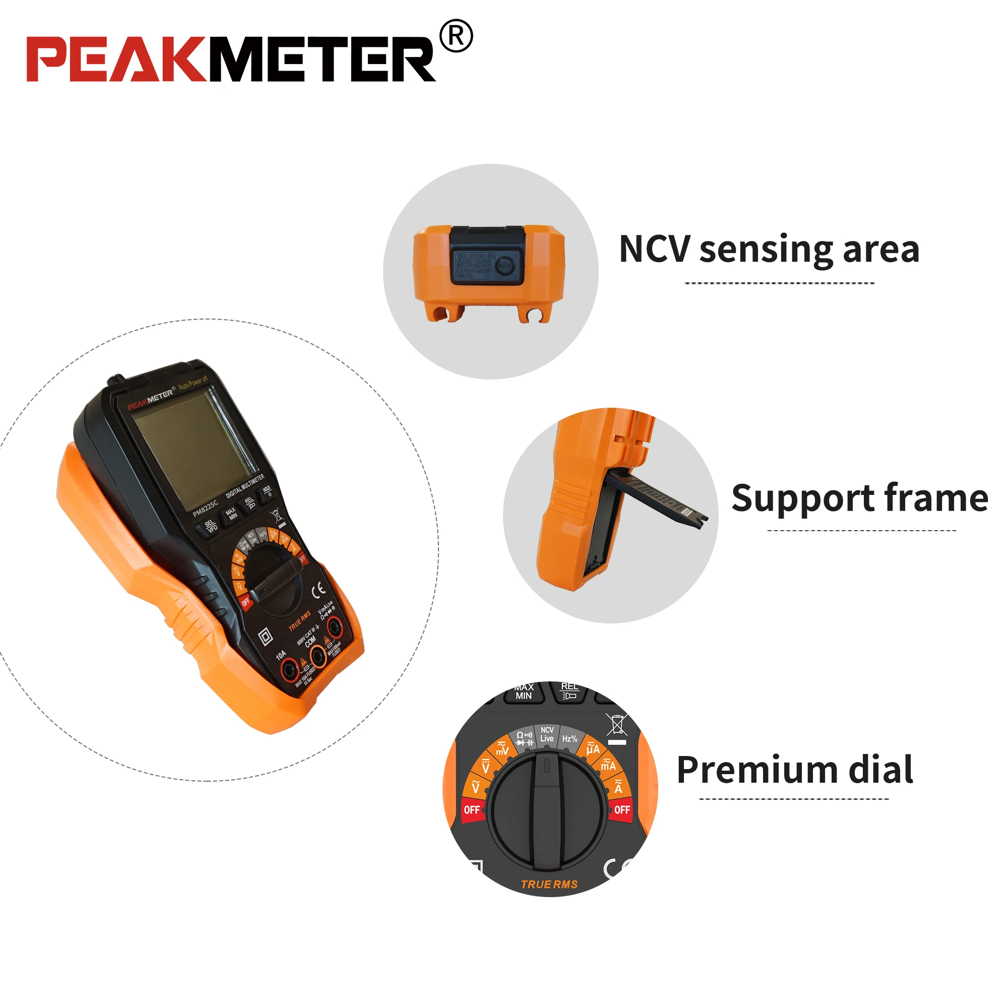 PEAKMETER PM8225C Digital Multimeter AC/DC 600V Auto Range True RMS Continuity Diode NCV Live Line Test 6000 counts Digital Mete