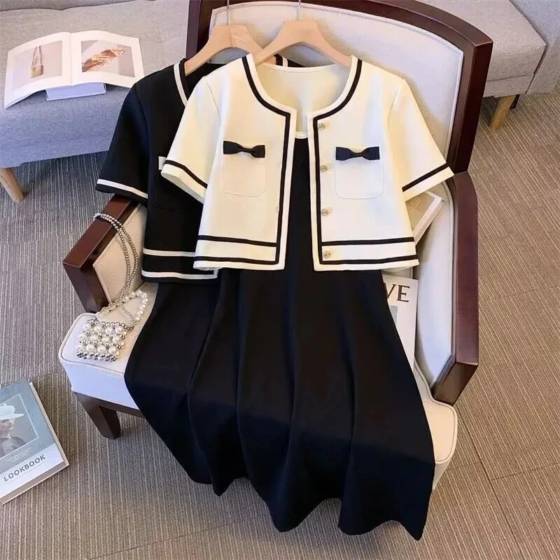 

2025 New Women Set Plus Size Women's Two-piece Summer Clothes Cardigan Short-sleeved Blouse Halter Dress Fashion Women Top + Dre