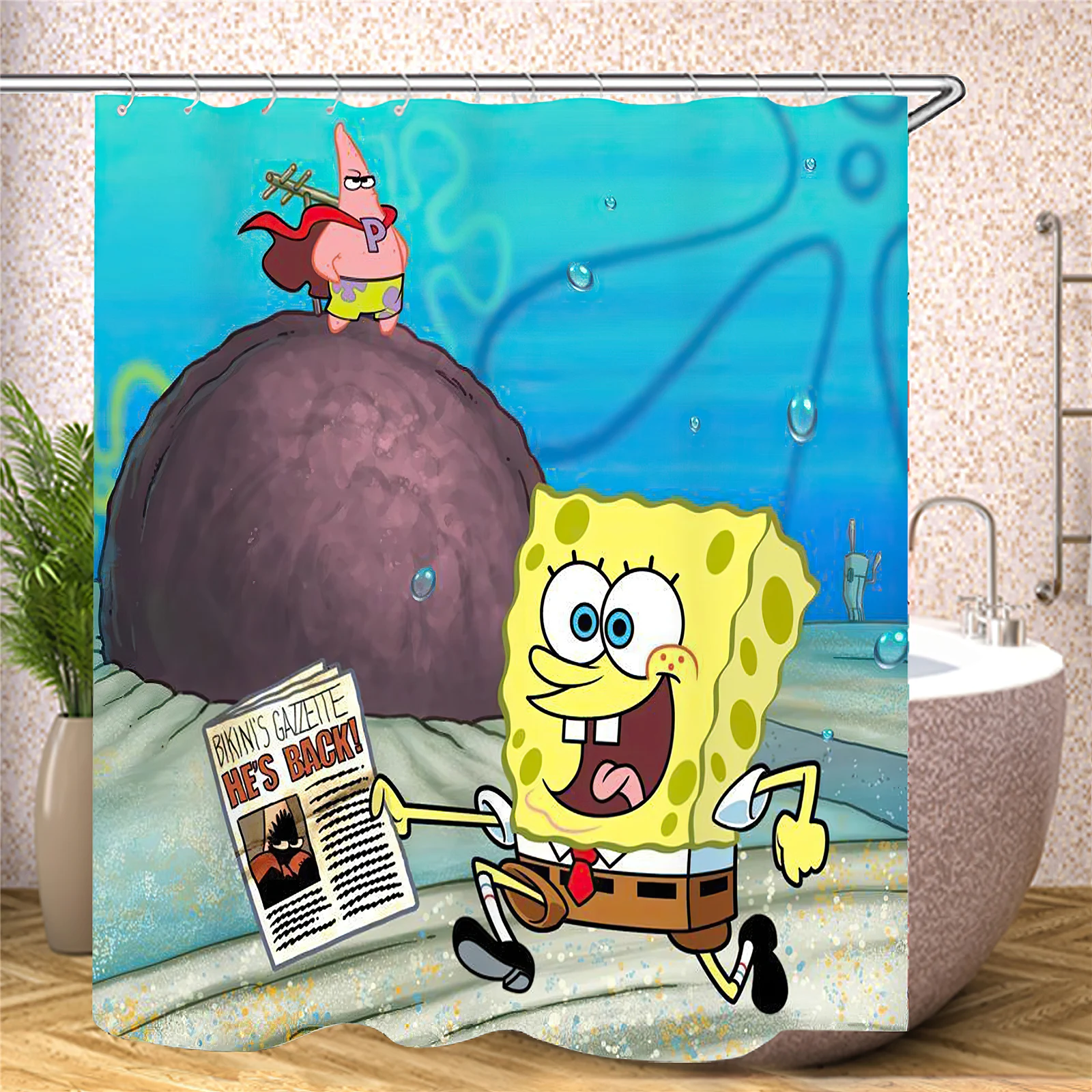 SpongeBob Schwammkopf Duschvorhang Muscheldruck Wasserdichter Stoff Badezimmer-Vorhang Kinder Cartoon Badezimmer-Deko Mit Haken