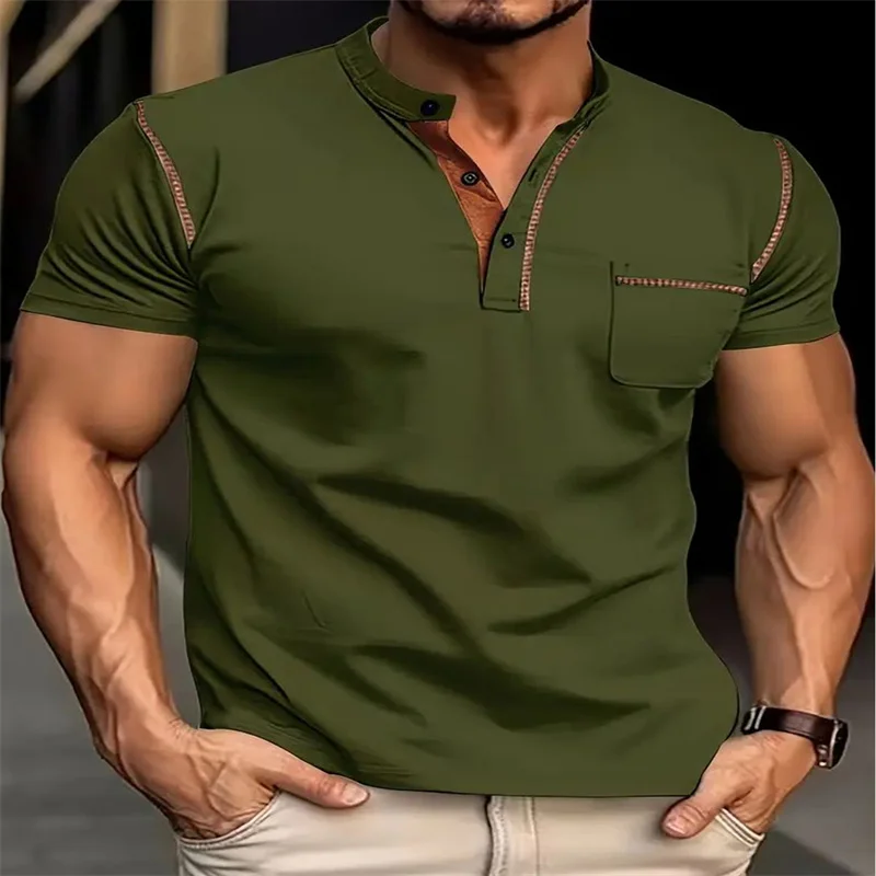 Men's casual short-sleeved Henry shirt, fashionable, lightweight and breathable base knitted top, suitable for summer wearing