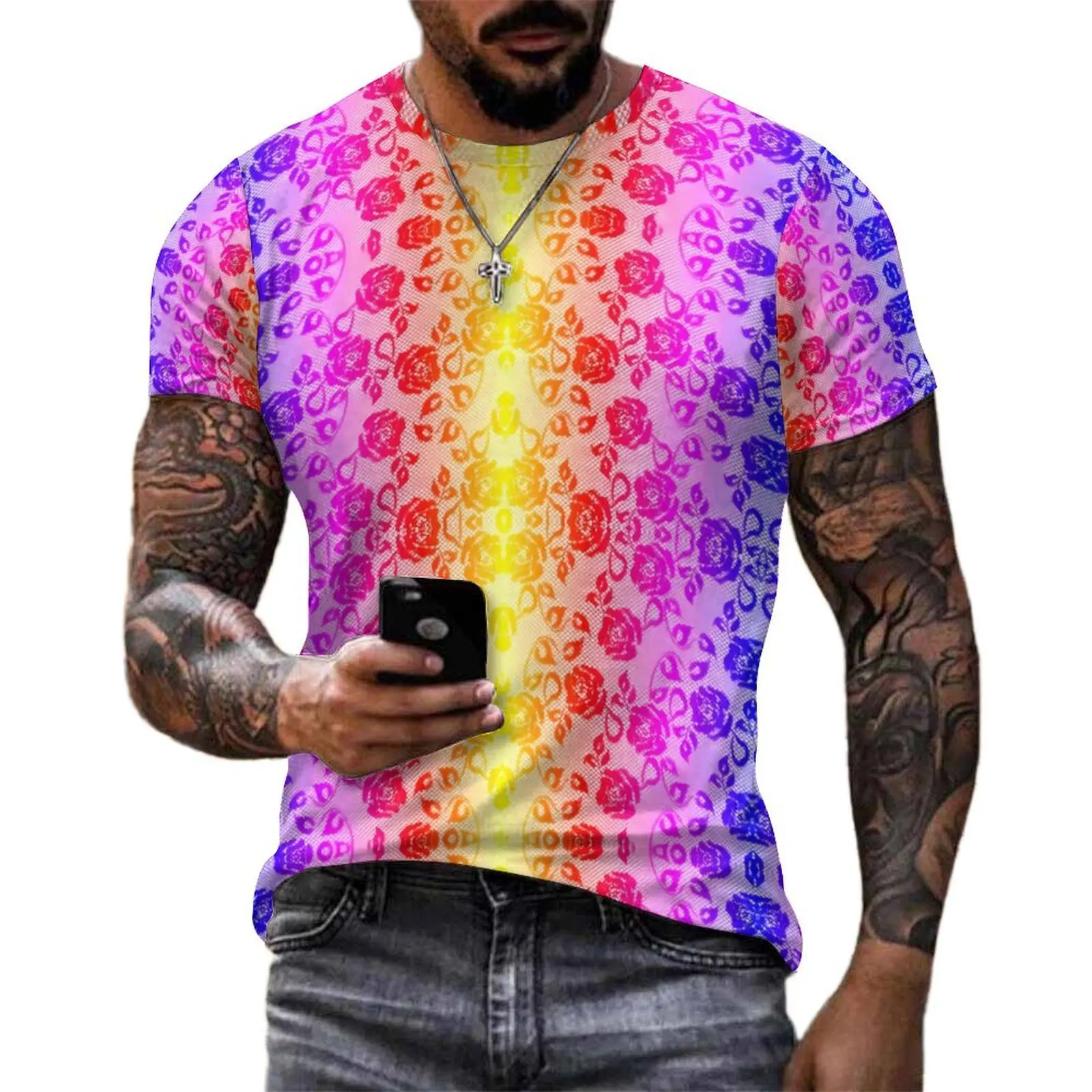 Man Faux Roses T Shirt Lace Fishnet Colorful Fashion T-Shirts Short-Sleeve Graphic Tops Cheap Beach Funny Big Size Clothing
