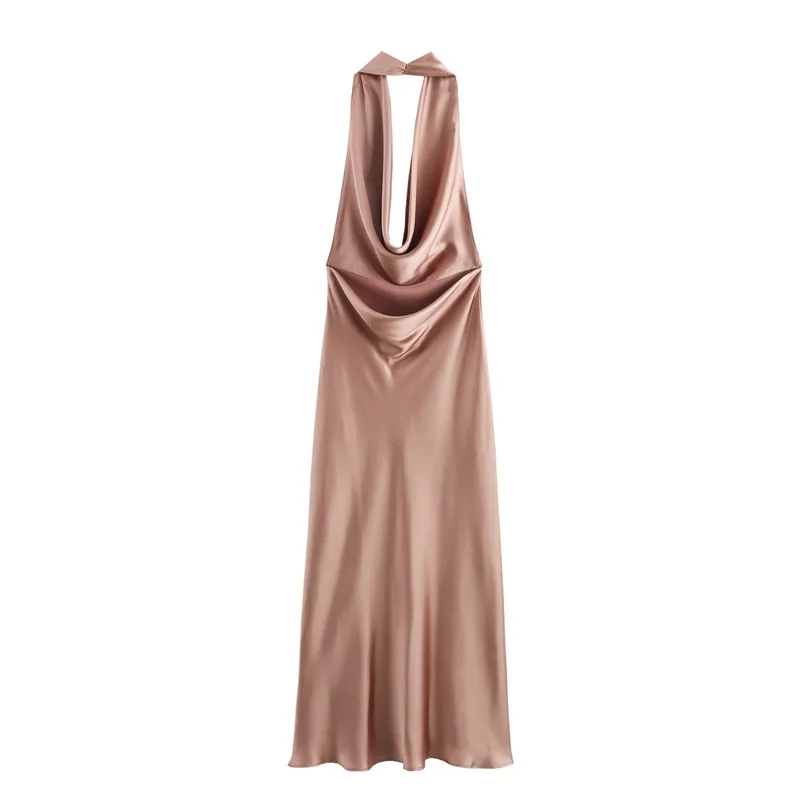 Chic Champagne Satin Slip Dress Women Summer Casual Sleeveless Halter Long Dress Fashion Backless Evening Prom Dresses Midi