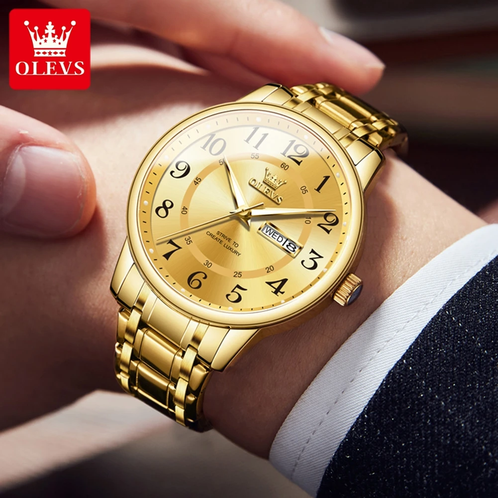 OLEVS 2891 Luxury Golden Stainless Steel Men's Quartz Wrist Watch Big Numeral Index Date&Week Display Waterproof Watch for Men