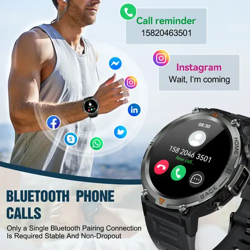 Imagen 2 del producto EIGIIS KE3 Bluetooth llamada reloj inteligente hombres pantalla completamente táctil Monitor de salud reloj con linterna hombres SmartWatch para IOS Android