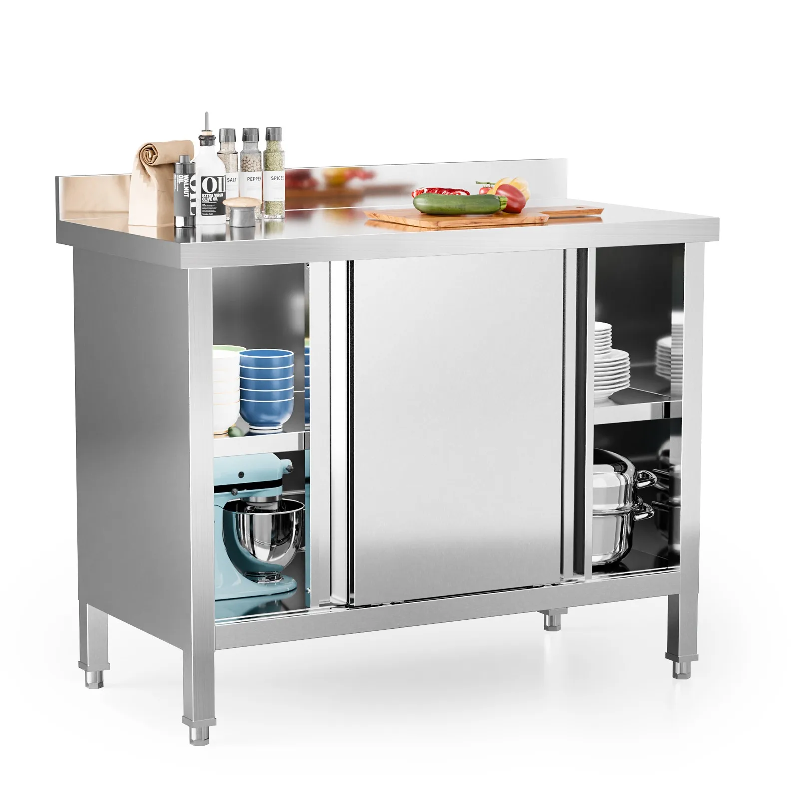 

Professional NSF Stainless Steel Prep Table with Storage Cabinet & Backsplash