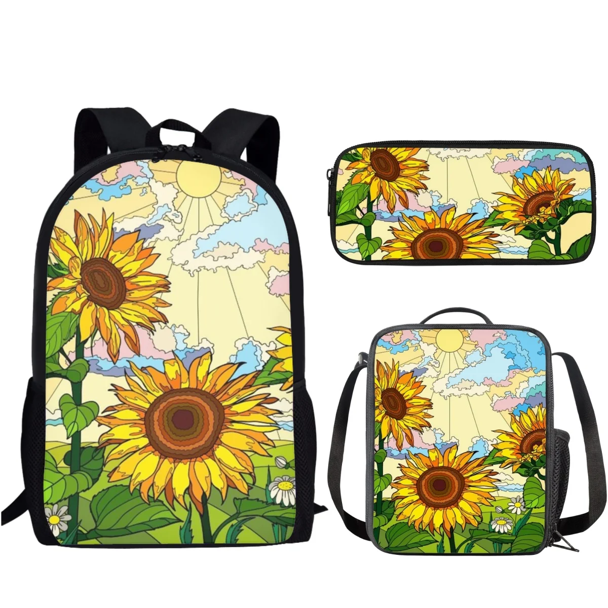 3Pcs Sunflower Pattern School Bag Set Large Capacity Backpack for Girls Boys Teenager Student Book Bag with Lunch Bag Pencil Bag