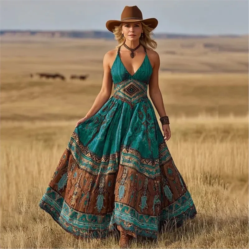 

Woman Sexy Deep V Neck Spaghetti Strap Dress Spring Ethnic Print High Waist Hem Long Dress Summer Hollow Vintage Boho Maxi Dress