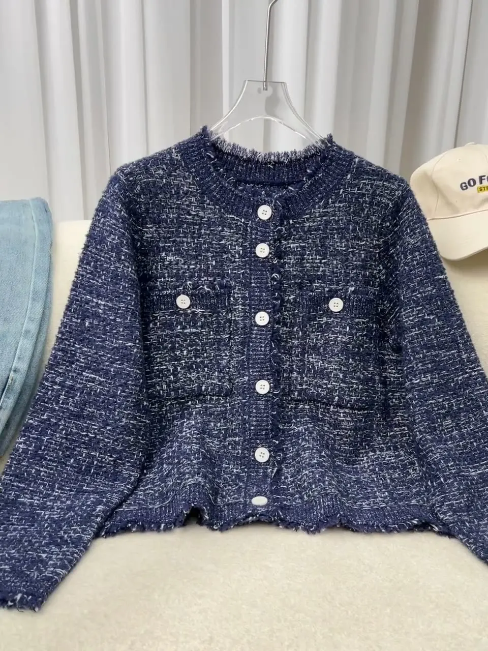 Autumn New Blues Tweed Wool Blend Classic Chanel Knitted Cardigan for Women