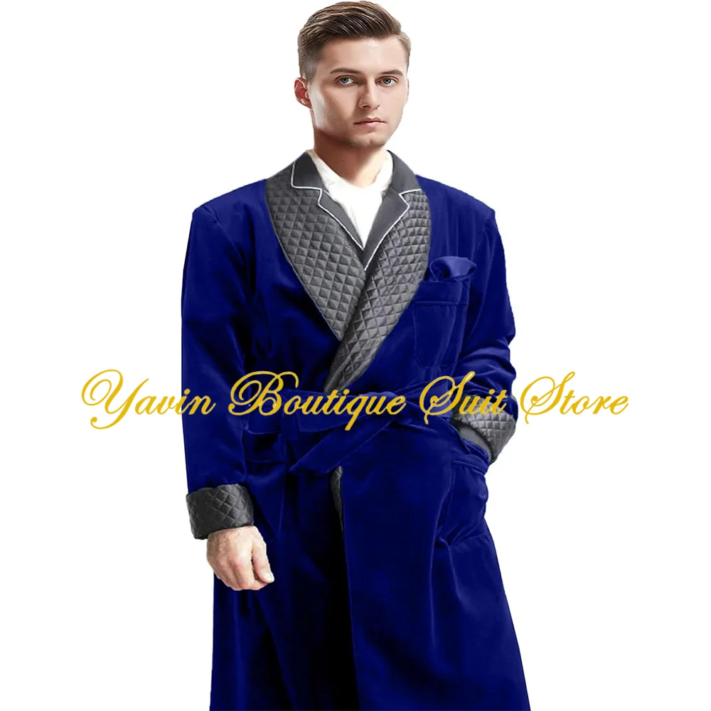 Men's Long Velvet Smoking Jacket with Belt Shawl Lapel Smoking Robe Quilted Dressing Gown