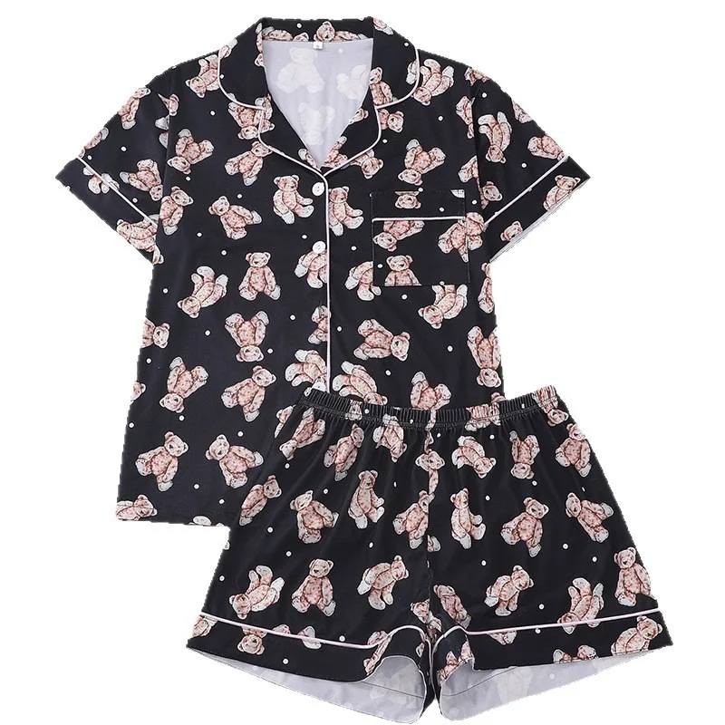 Women's Comfortable and Breathable Short-sleeved Shorts Black Cartoon Bear Spring Summer Loungewear Set Cross-border New Pajamas