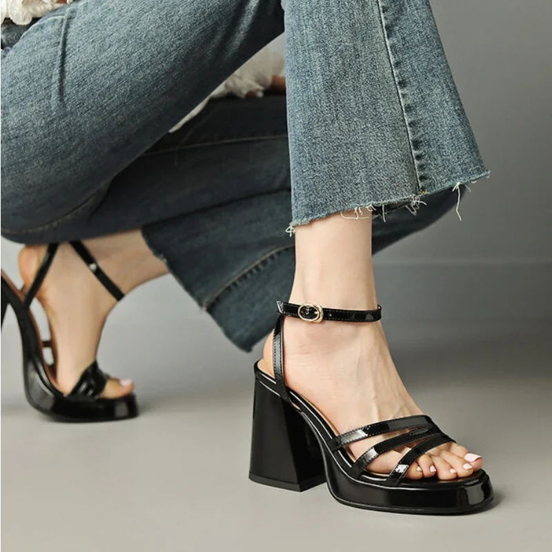 Summer High Heeled Sandals Woman Shoes Genuine Leather Platform Shoes Thick Sole Sandals Square High Heels Plus Size