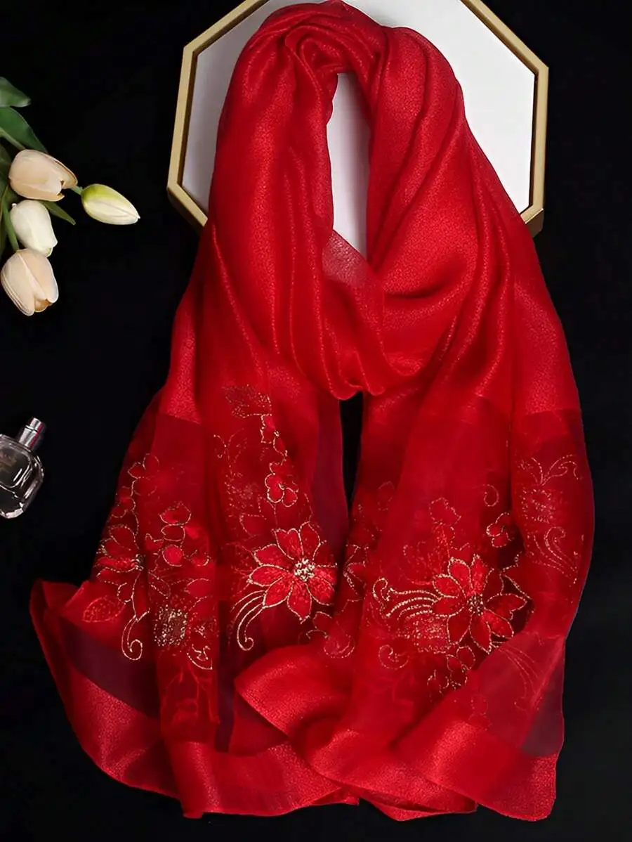 

1pc Mulberry Silk Embroidered Scarf, Handmade Floral Embroidery Shawl, Long Cheongsam Coat Scarf