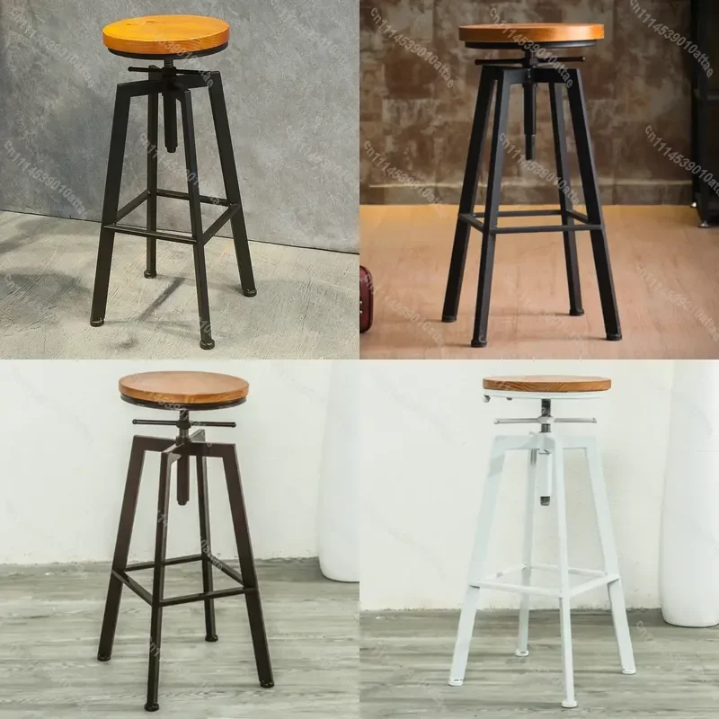 Industrial‑Style Rotating Bar Stool, Solid Wood Height‑Adjustable High Counter Stool, Retro Household Bar Chair
