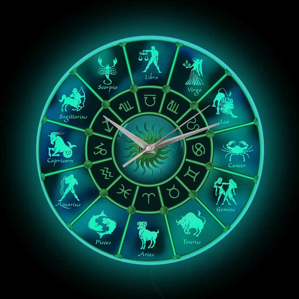 

Signs Of Zodiac Wall Clock With LED Backlight Horoscope Constellation Astrology Symbol Home Decor Wall Watch For Living Room