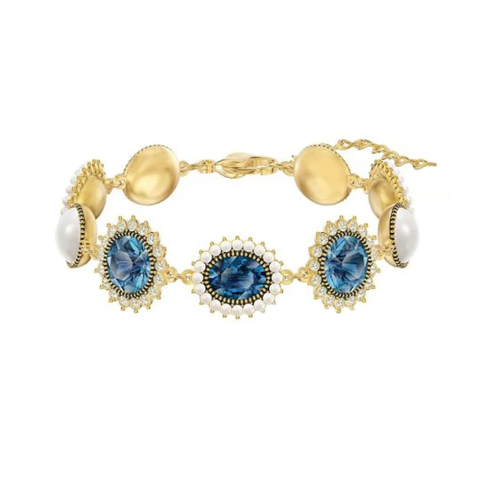 

Золотисто-синий винтажный браслет с кристаллами и жемчугом для женщин