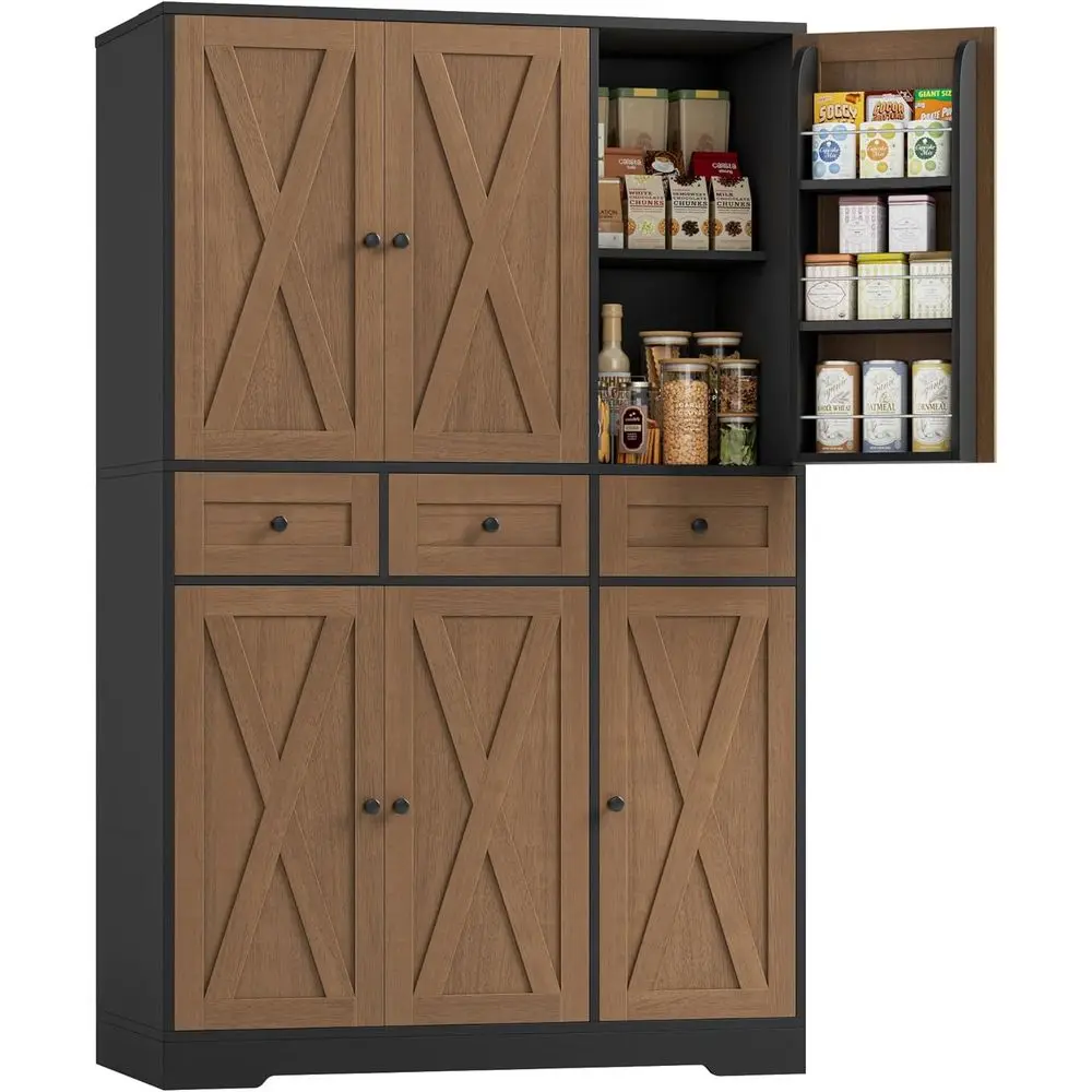 

67 Tall Freestanding Kitchen Pantry Cabinet with Barn Doors and Shelves, Brown