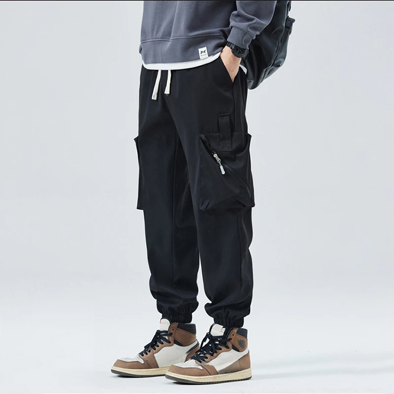 Nowe spodnie cargo męskie z dużymi kieszeniami i zamkiem błyskawicznym, idealne na wiosnę i jesień, do wspinaczki, pieszych wędrówek, spodnie typu harem, ze sznurkiem, dopasowane, krótkie spodnie męskie.