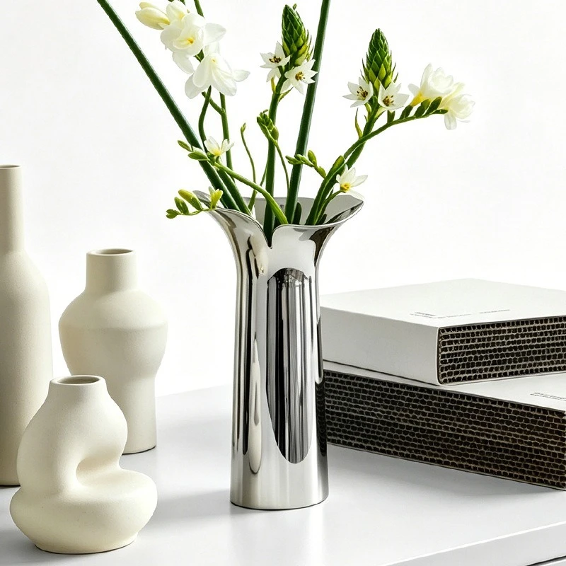 304 stainless steel petal vase creative column home decoration, simple modern silver flower ware