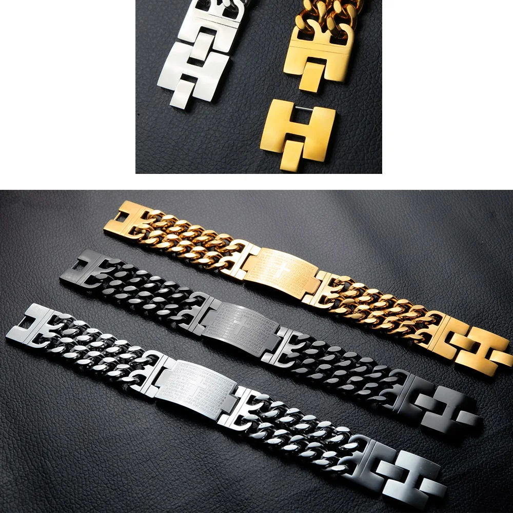 24mm Width Vintage Bible Cross Chain Bracelet Men Punk Stainless Steel Jewelry Gift