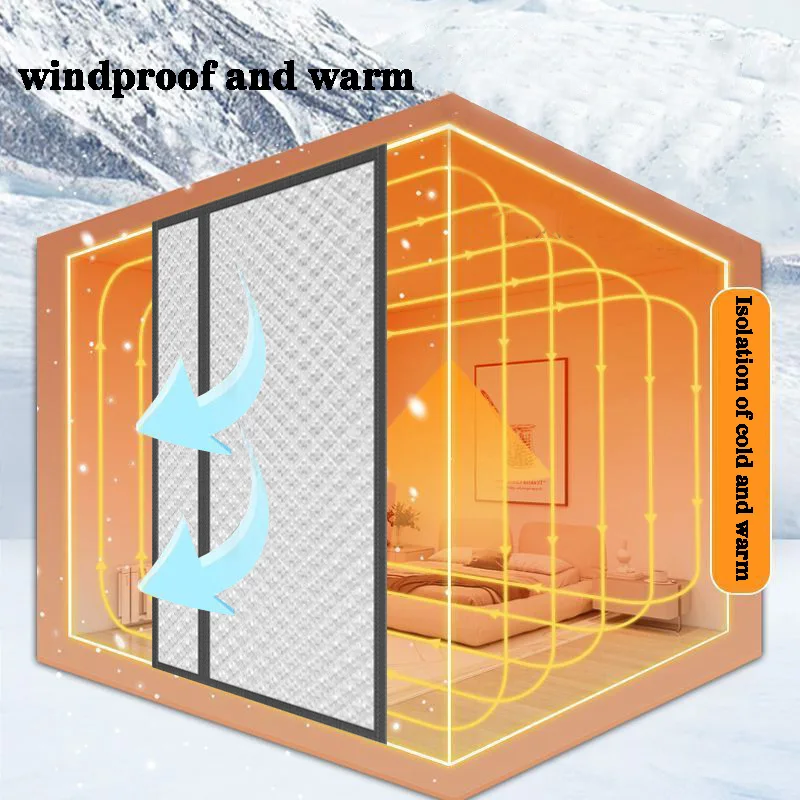 Winterlicher Türvorhang aus Baumwolle mit magnetischer Seitenöffnung, warm und kältebeständig, einfach zu installieren, Verdunkelungstürvorhang für den Haushalt, Grau