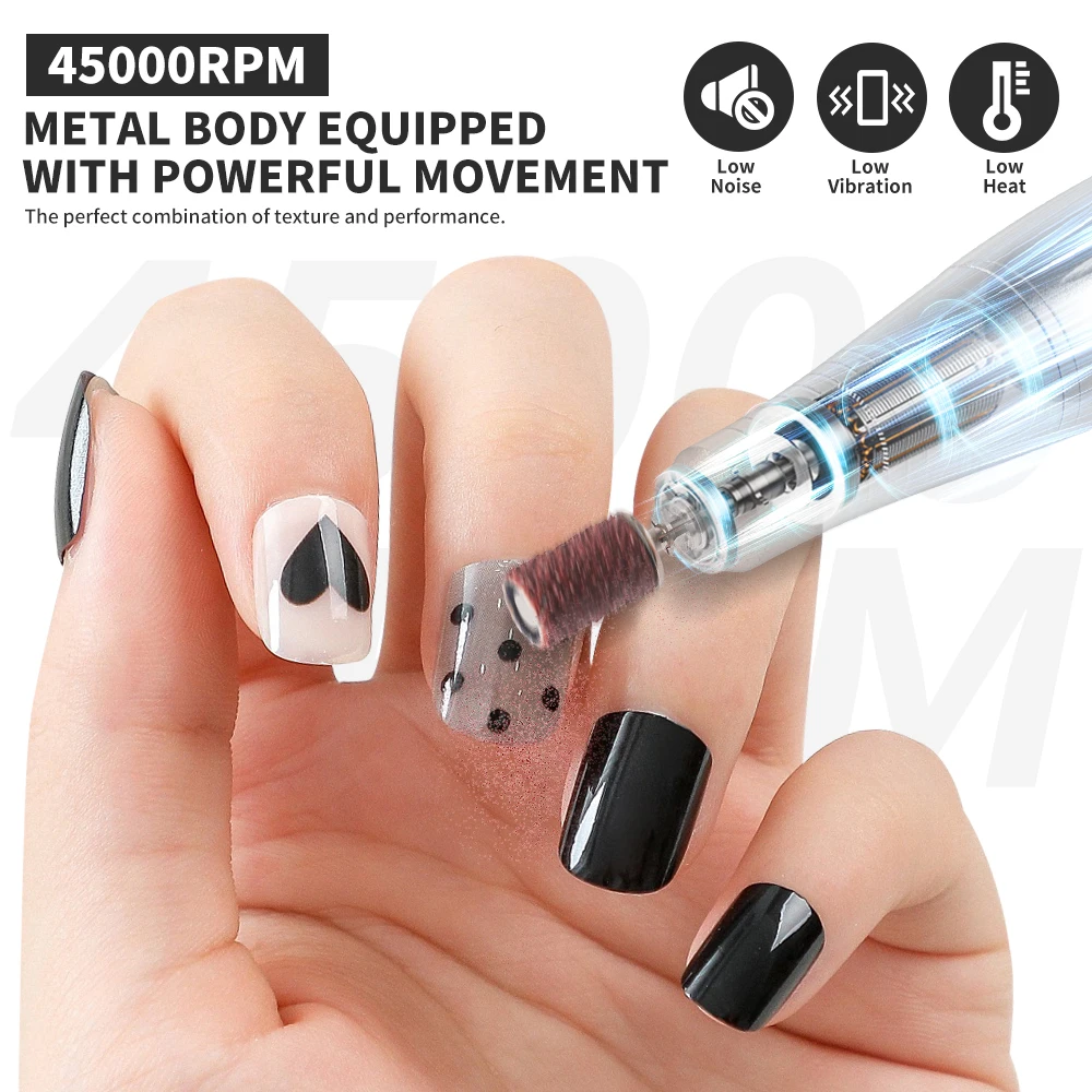 45000RPM Professional Electric Nail Drill Machine Rechargeable Nail File Nails Accessories Gel Nail Polish Sander Low Noise Tool