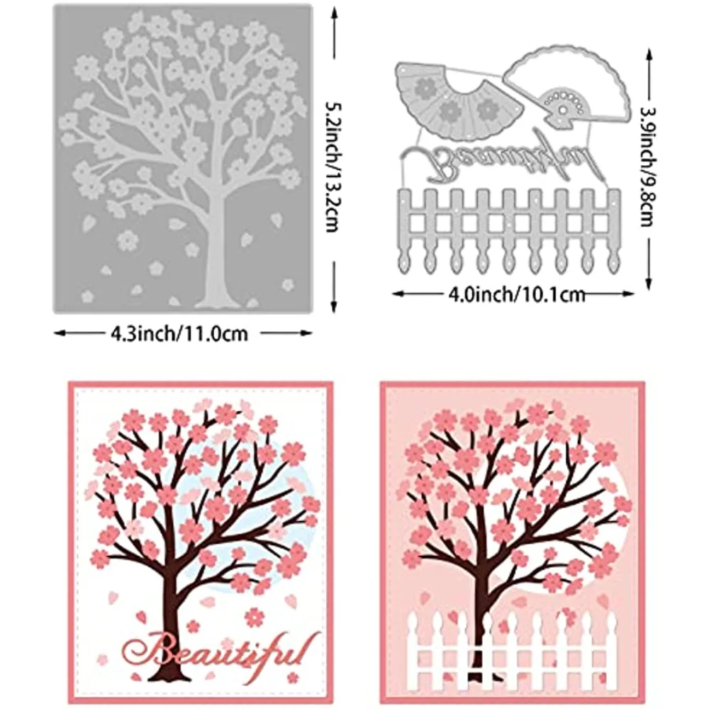 2Pcs Cherry Blossom Tree Cutting Dies Stencils  Japanese Style Fan Metal Embossing Stencils Template for DIY Card Scrapbooking