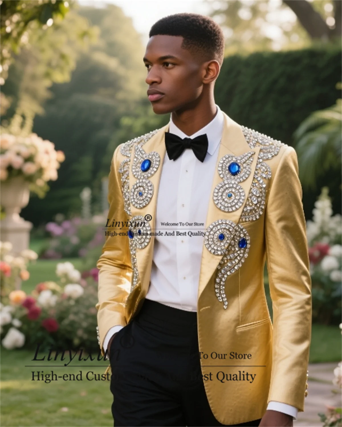 

High End Gem Beaded Men Suit For Wedding 2 Pieces Sets Male Prom Blazer Customized Groom Tuxedo Slim Fit trajes para hombre