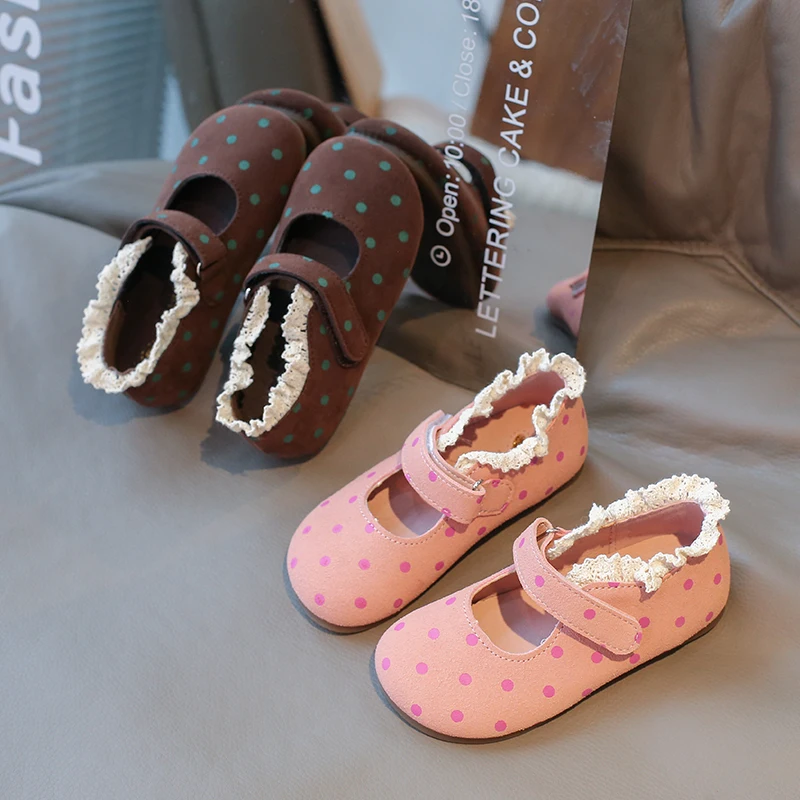 สีชมพู/สีกาแฟสาวรองเท้าหนังลูกไม้ Polka Dots ลื่น Soft Sole รอบ Toe ฤดูใบไม้ผลิฤดูใบไม้ร่วงกลางแจ้ง PU Casual รองเท้าหนัง