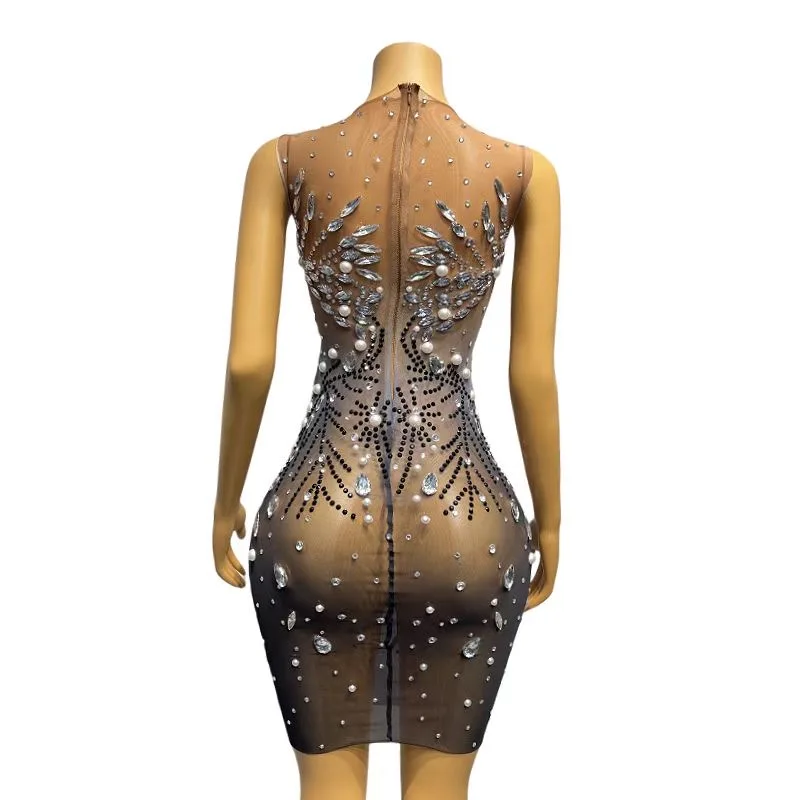 Glitzernde silberne Kristalle, Fingern, transparentes Kleid, Strass-Ketten, Outfit, Kostüm, Geburtstag, Feiern, sexy Bühne, C066