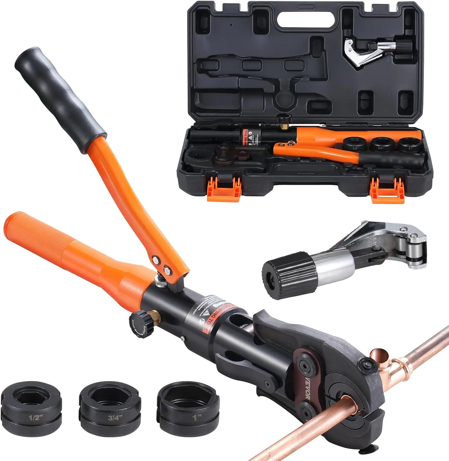 

Copper Pipe Crimping Tool, Hydraulic Driven Press Tool with 1/2", 3/4", 1" Jaws, Copper Tube Fittings Pipe Crimpers