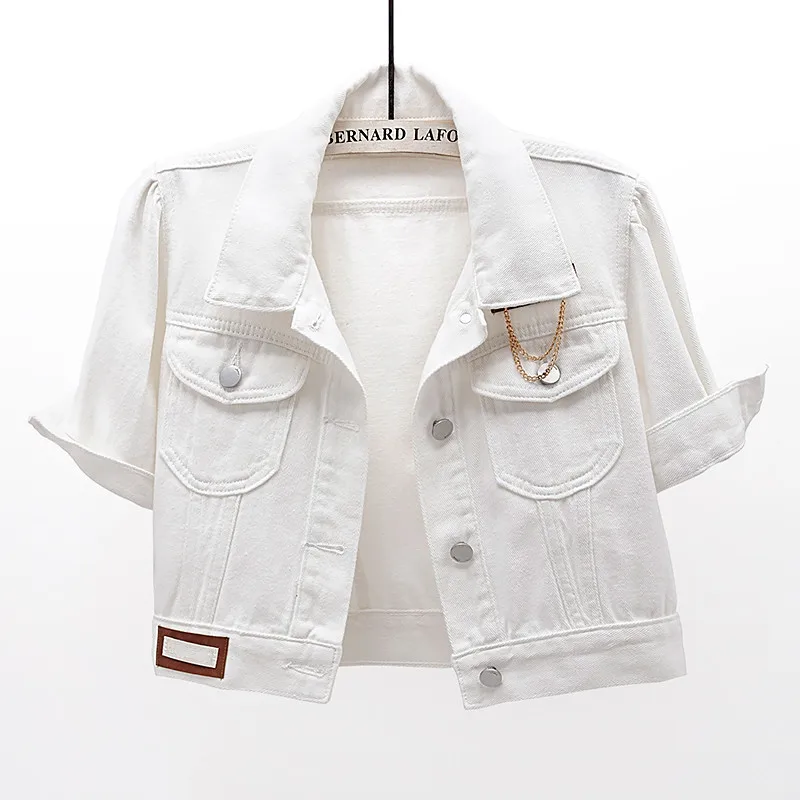 

Korean White Denim Jacket Women Spring Summer Thin Slim Short Cowboy Outerwear Big Pocket Short Sleeve Jeans Jacket Coat Female